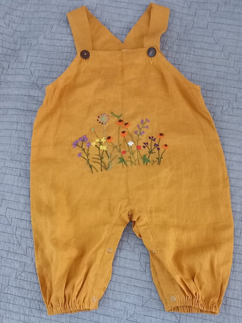 NANU mustard yellow linen embroidered overalls